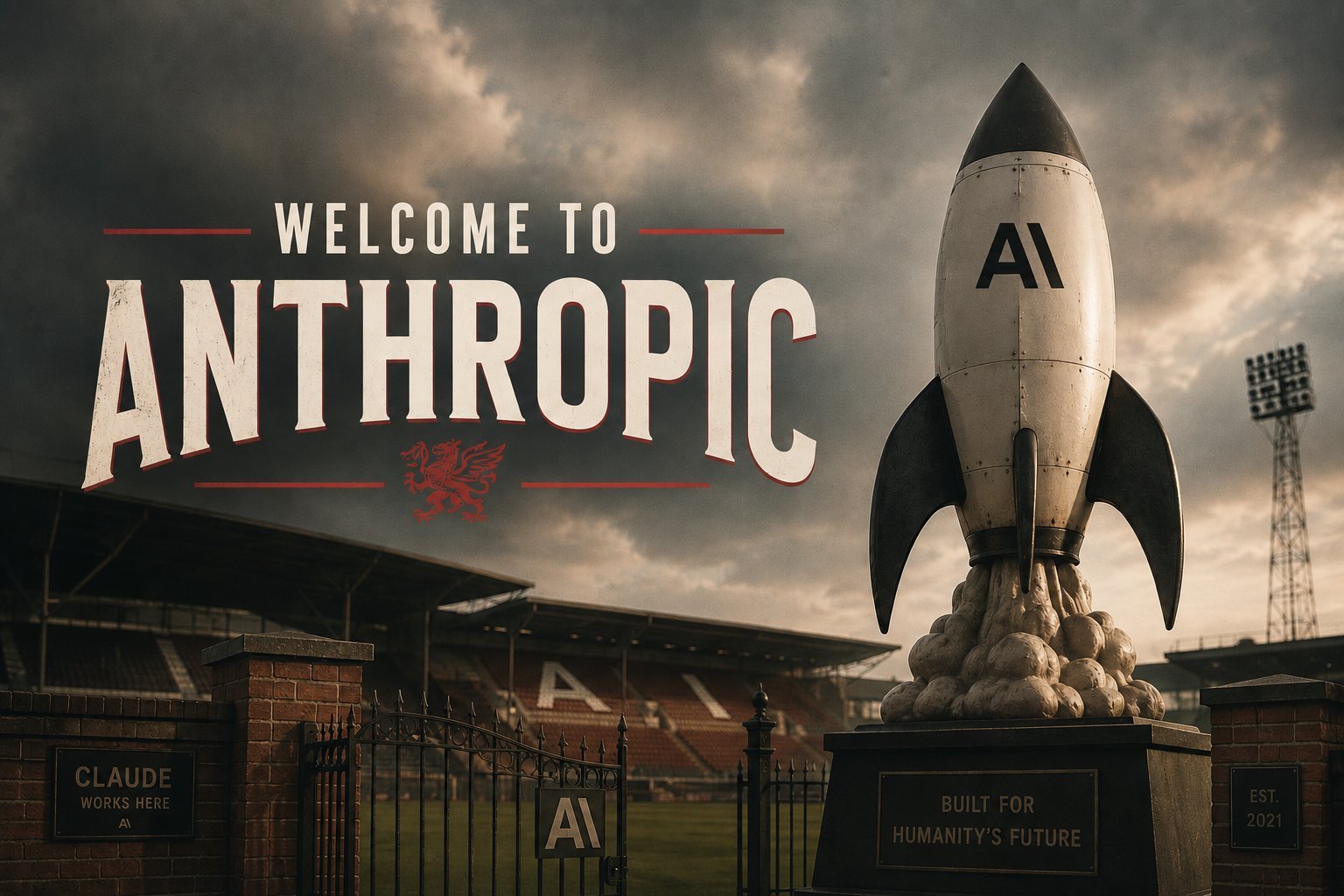 Welcome to Anthropic — a rocket ship outside the stadium gates